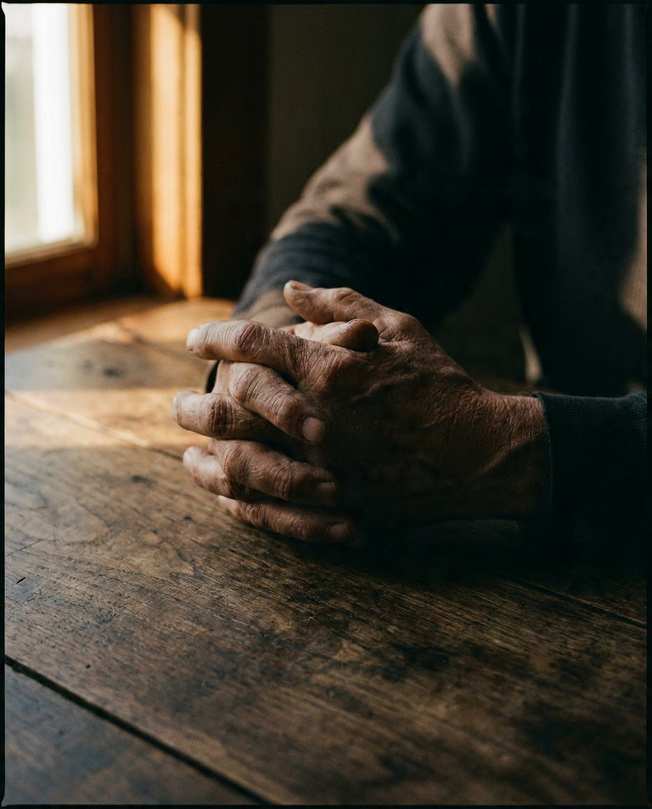 A man's clasped hands resting on a worn wooden table by a window