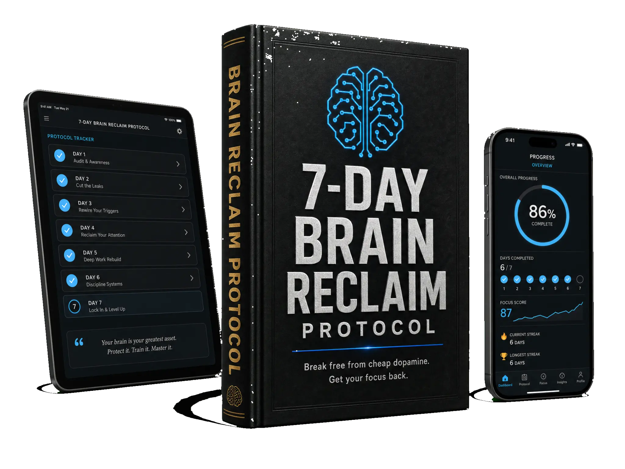 The 7-Day Brain Reclaim Protocol book alongside the companion app on tablet and phone