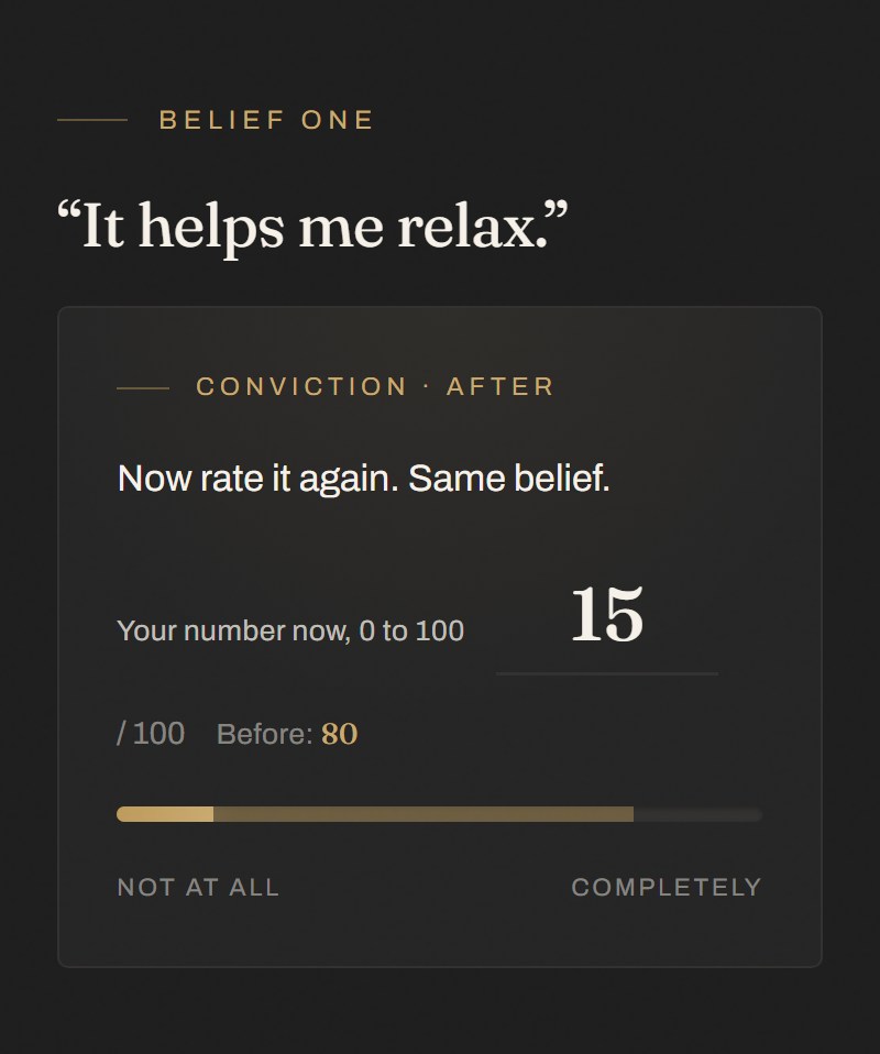 Re-rating the same belief at 15, down from 80, after the work.