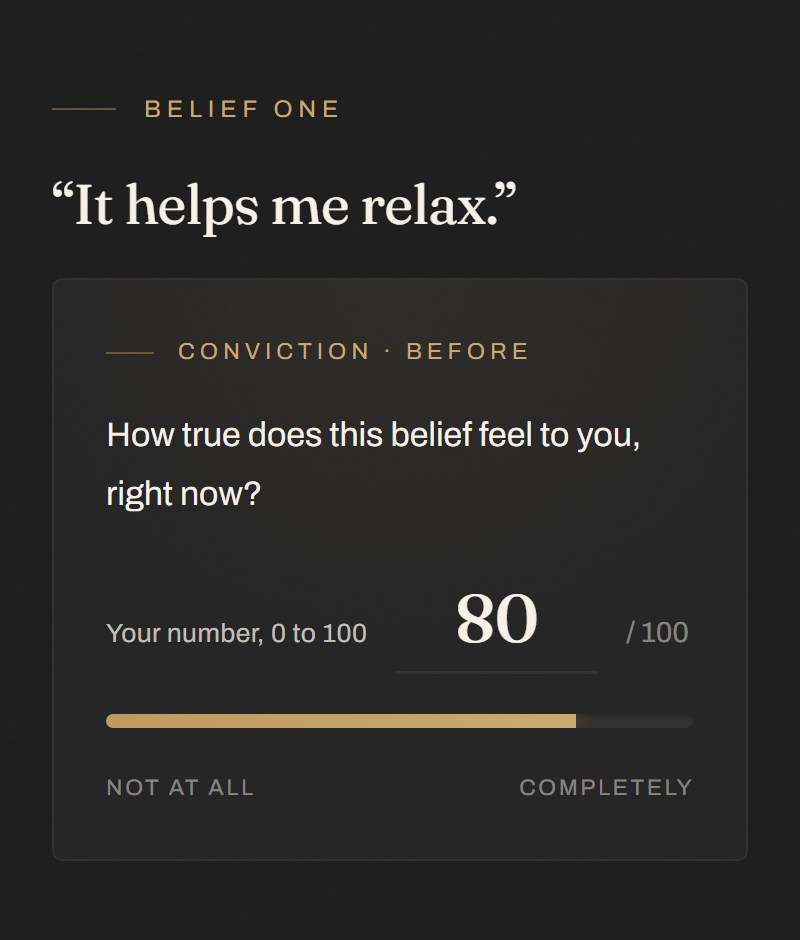 Rating the belief &lsquo;It helps me relax&rsquo; at 80 out of 100, before the work.