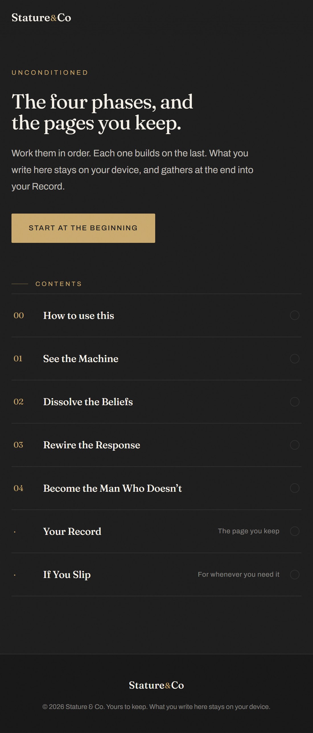 The full contents page: the four phases listed in order, plus the Record and If You Slip.