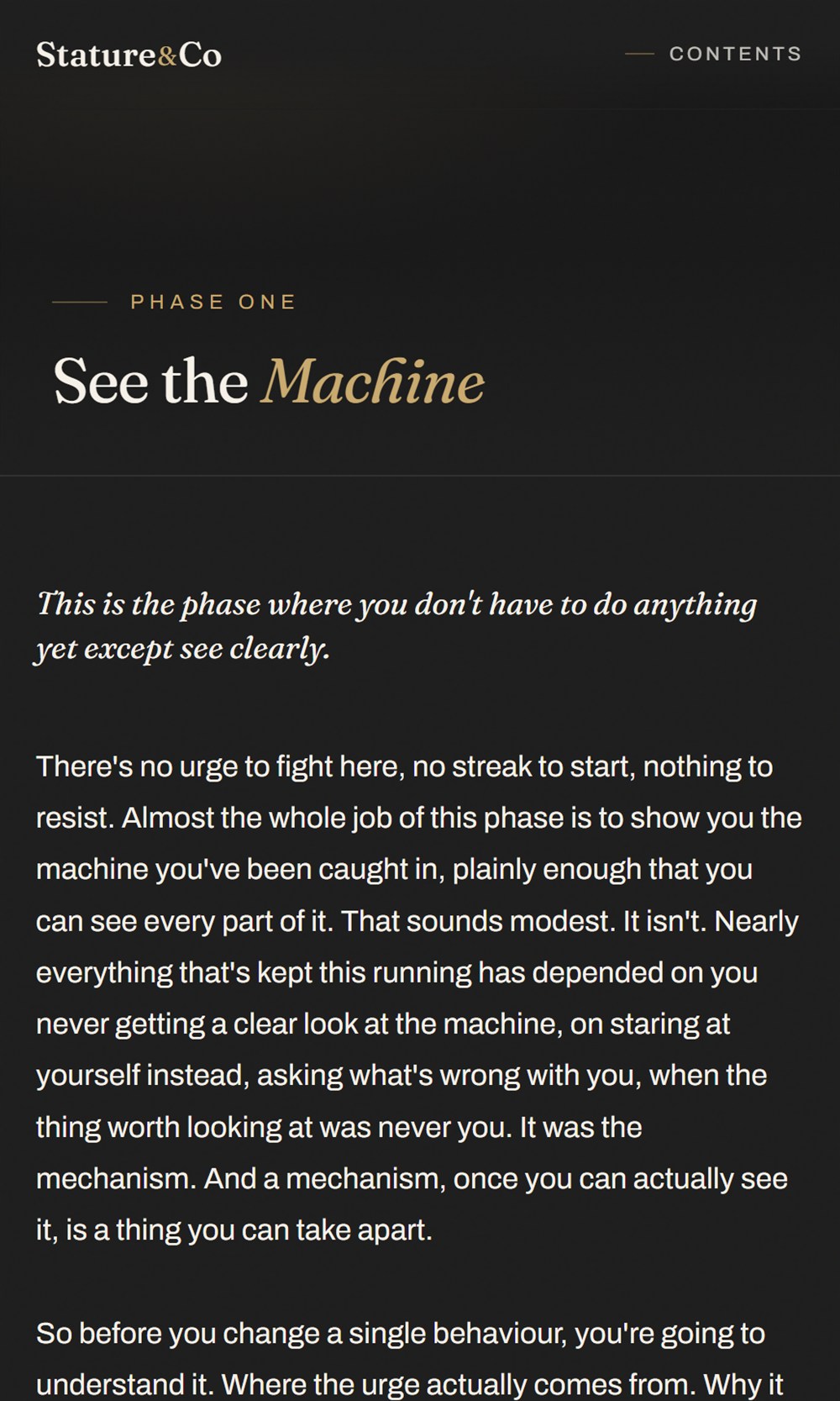 Phase One, See the Machine: the full-bleed divider and the opening of the reading.